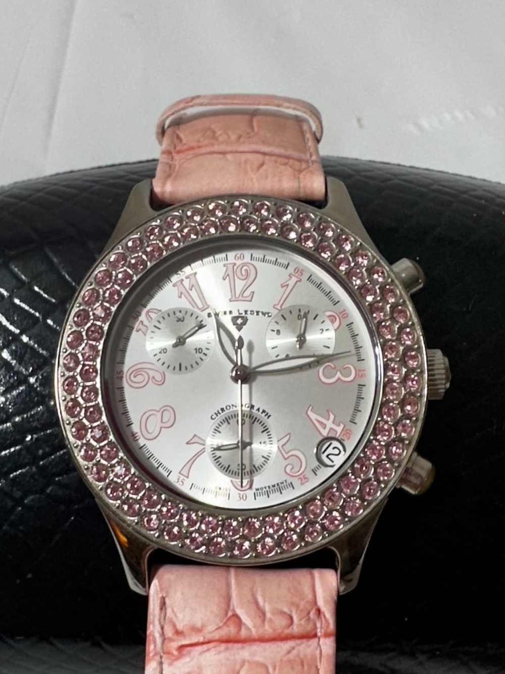 Swiss Legend Silver Dial Watch with Pink Crystal Bezel and Pink Strap